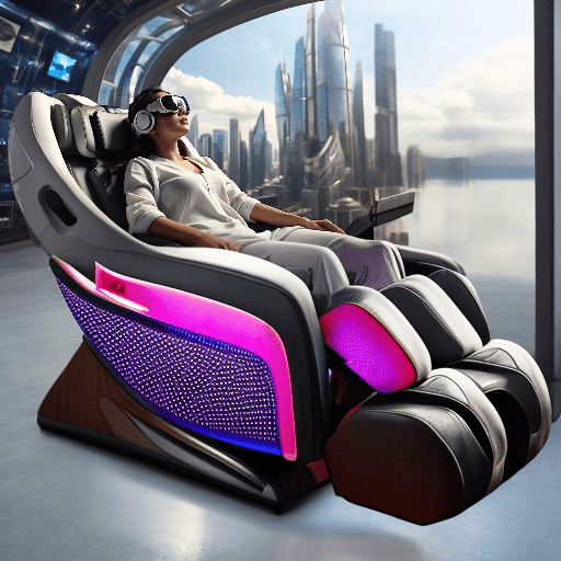 Person relaxing in a futuristic massage chair with headphones, overlooking a cityscape through a curved window.