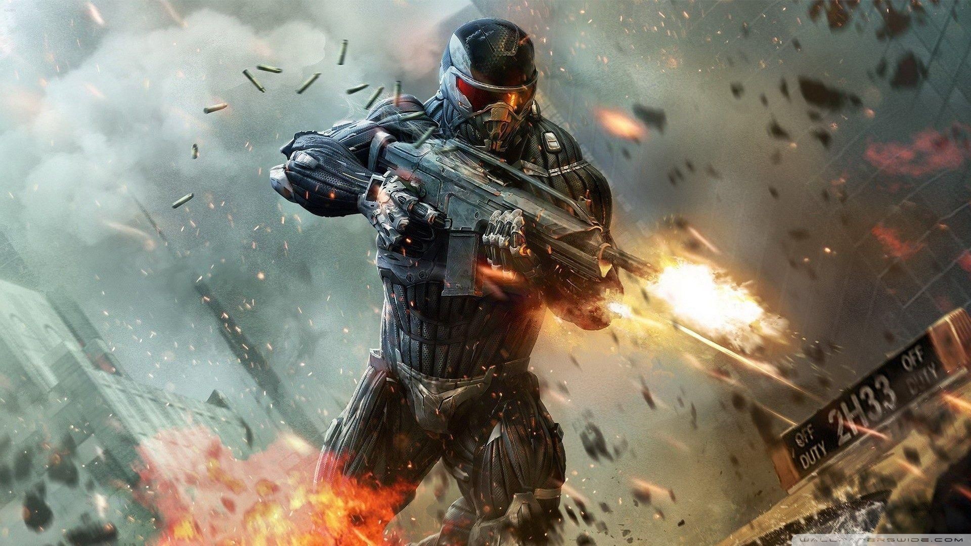 Armored futuristic soldier firing a weapon amidst explosions and flying debris in a chaotic urban battlefield.