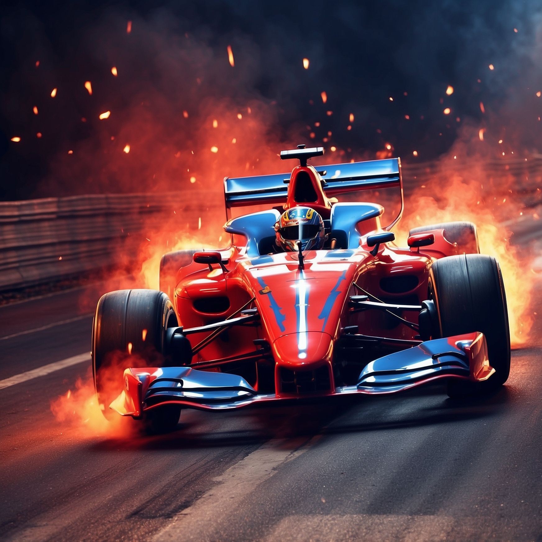 Red and blue Formula 1 car racing on a track, surrounded by flames and sparks.